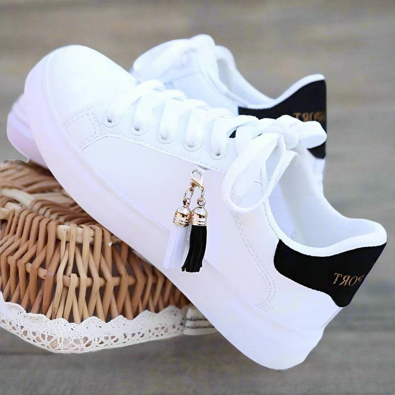 Mesh white shoes for students, casual wear, and sports shoes with flat sole for her