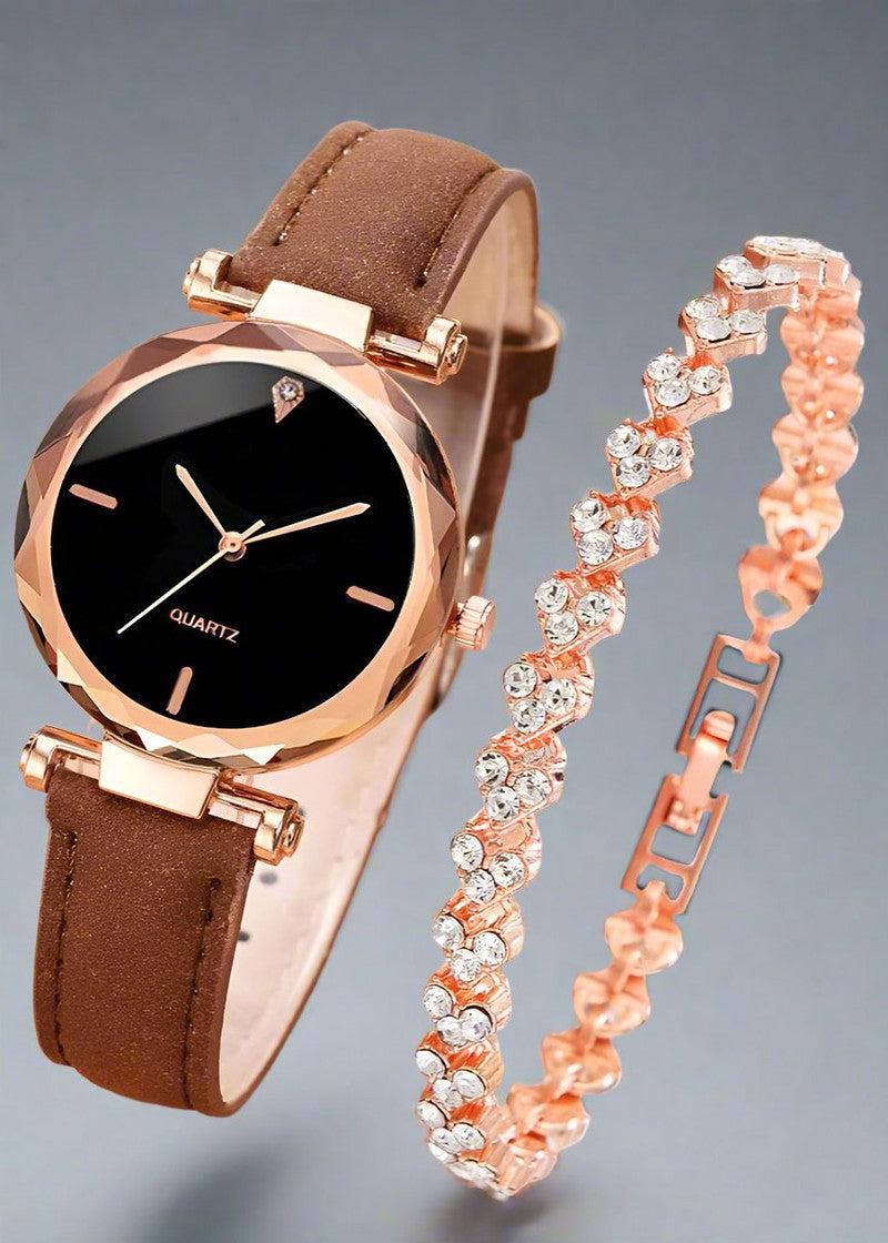 Quartz Watch with Leather Belt along with Bracelet as Gift Set