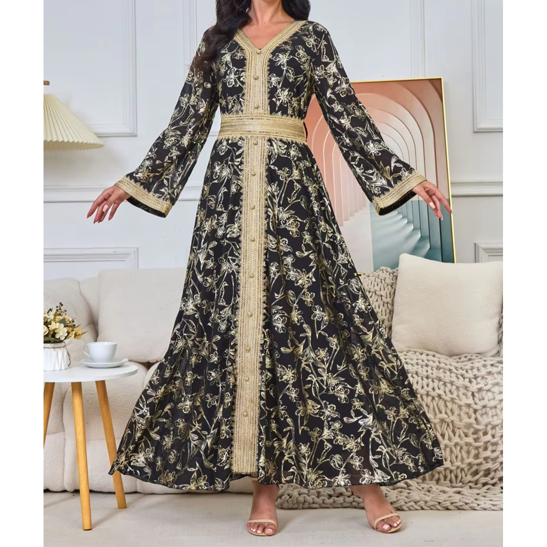 Long Gown Jalabiya Muslim & Arabic Women Dress, with Long Sleeves Floral Stamping V Neck Dresses