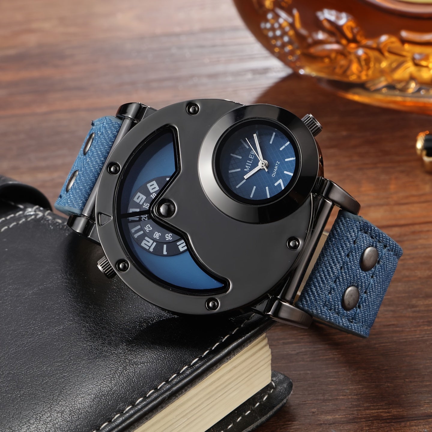 Vintage Dual-Time Display Men's Watch with Studded Details, Denim Strap, Quartz Movement, Round Alloy Case, Electronic Drive, Non-Waterproof - Fashionable Large Dial Wristwatch for Men