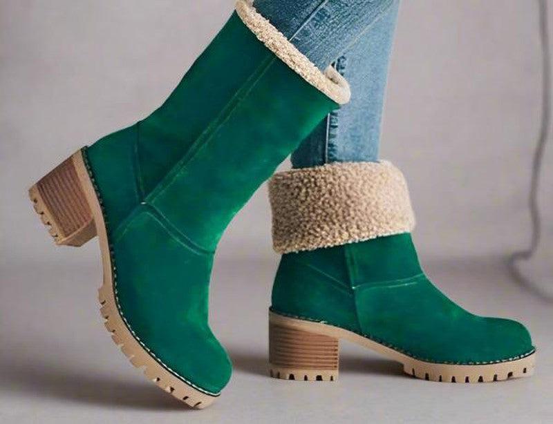 Winter or Snow Boots Mid Tube Thick Heel Suede