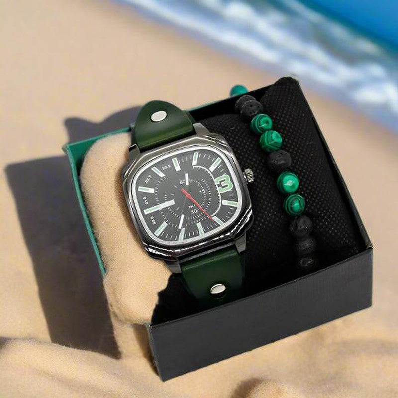 Men's quartz watch with green bracelet in gift box set.