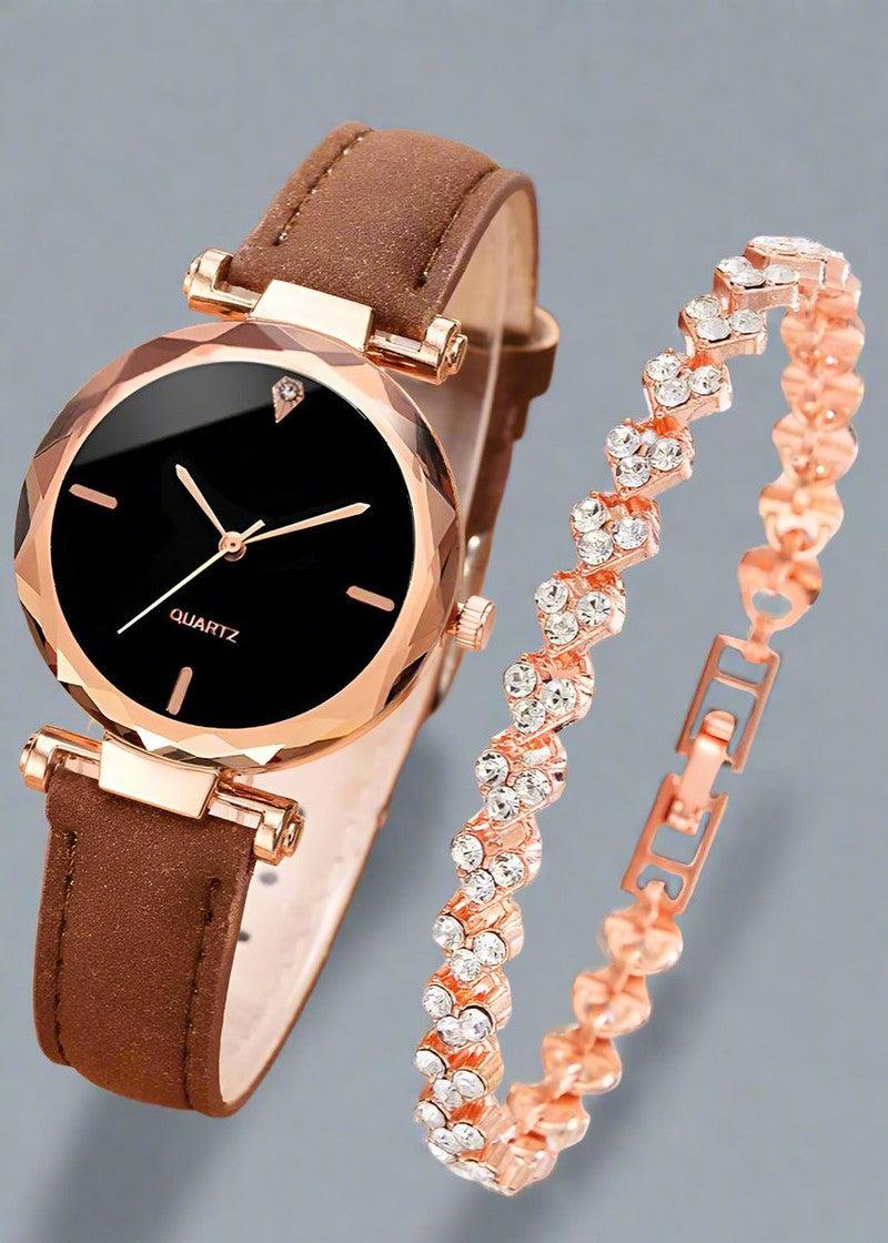 Quartz Watch with Leather Belt along with Bracelet as Gift Set