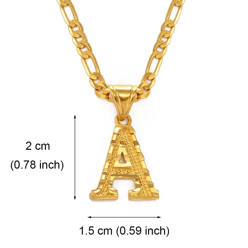 Gold plated pendant necklace with alphabet letter "A" on a Figaro chain for women, men, and girls.