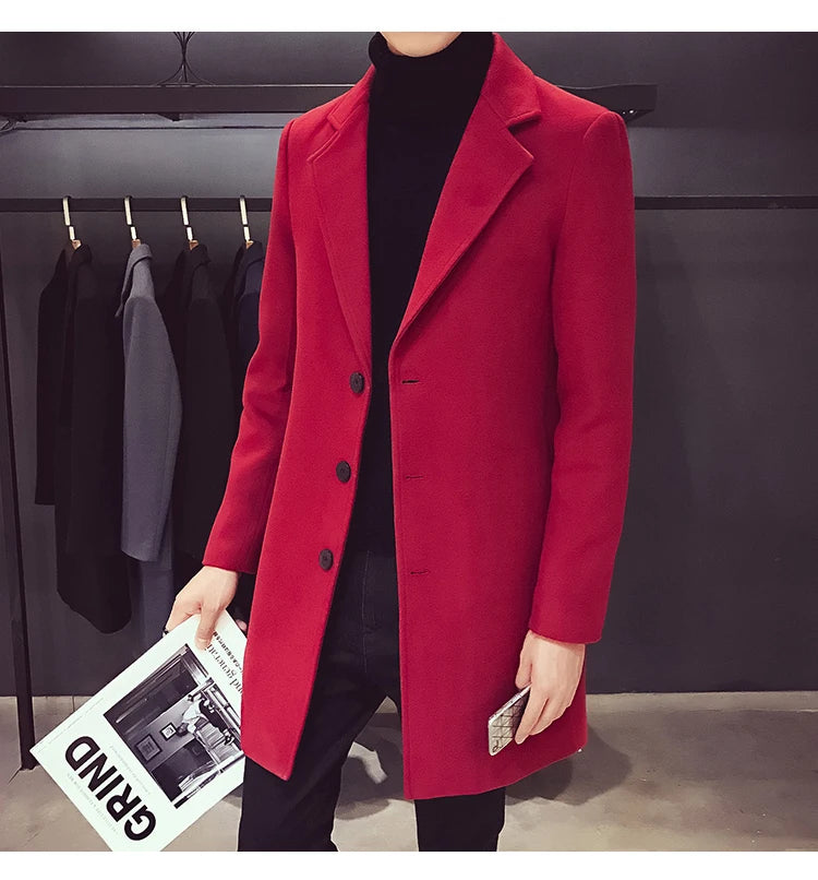 Long Cotton Coat New Wool Blend Jacket Spring Autumn Pure Color Casual Business Fashion Men's Clothing Slim Windbreaker