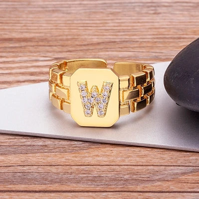 Gold Color Initial Ring Adjustable A-Z Letters Zircon Rings For Women