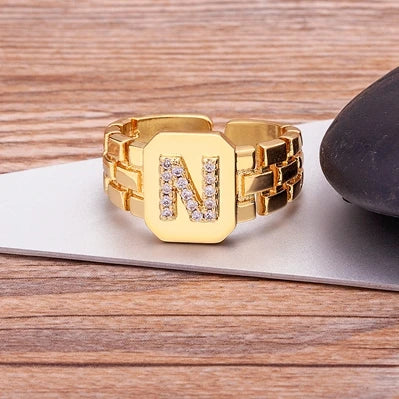 Gold Color Initial Ring Adjustable A-Z Letters Zircon Rings For Women