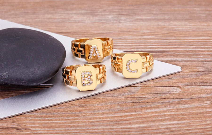 Gold Color Initial Ring Adjustable A-Z Letters Zircon Rings For Women