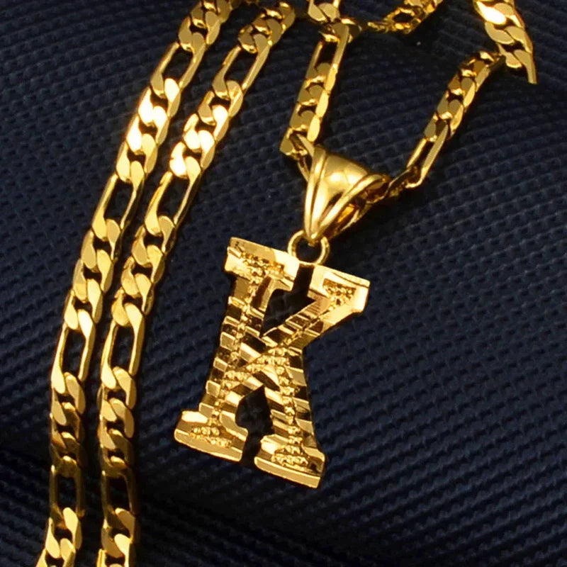 Gold-plated alphabet pendant necklace with Figaro chain for women, men, and girls.