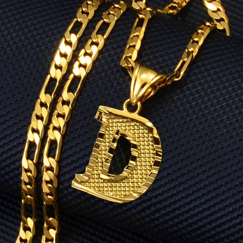 Gold-plated initial pendant necklace with Figaro chain for women, men, and girls.