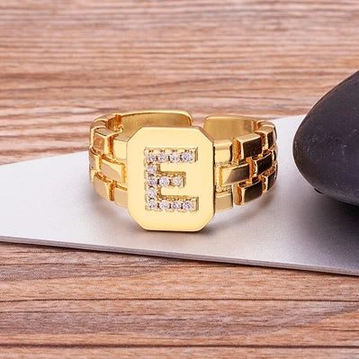 Gold Color Initial Ring Adjustable A-Z Letters Zircon Rings For Women