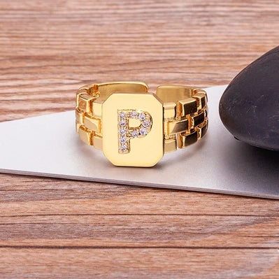 Gold Color Initial Ring Adjustable A-Z Letters Zircon Rings For Women