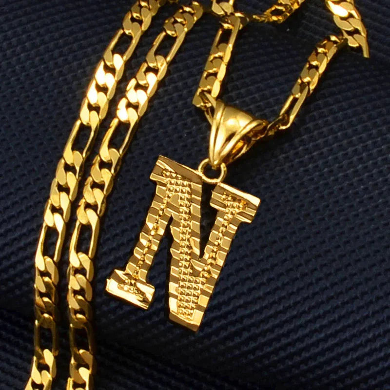 Gold plated alphabet pendant necklace with Figaro chain, unisex English initial design.