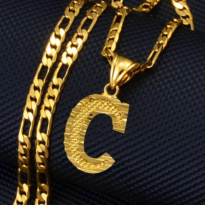 Gold plated initial alphabet pendant necklace with Figaro chain, suitable for women, men, and girls.