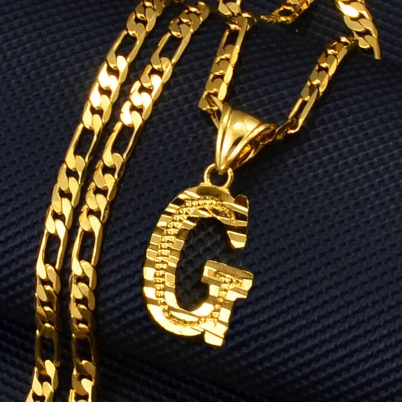 Gold-plated initial alphabet pendant on Figaro chain, unisex necklace for weddings.