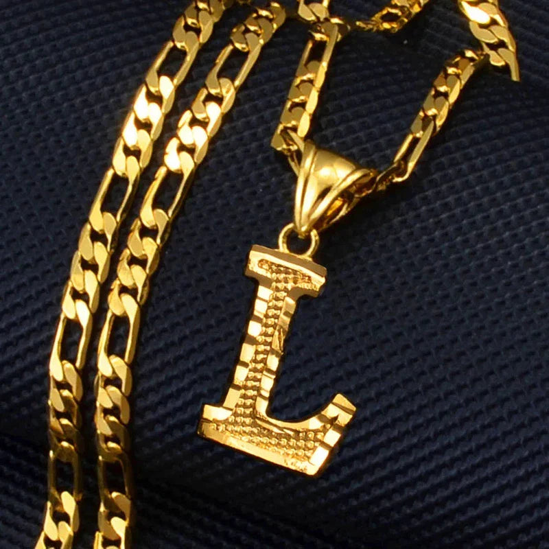 Gold-plated Figaro chain necklace with English initial pendant for women, men, and girls.