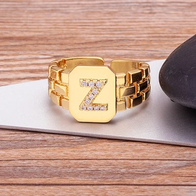 Gold Color Initial Ring Adjustable A-Z Letters Zircon Rings For Women