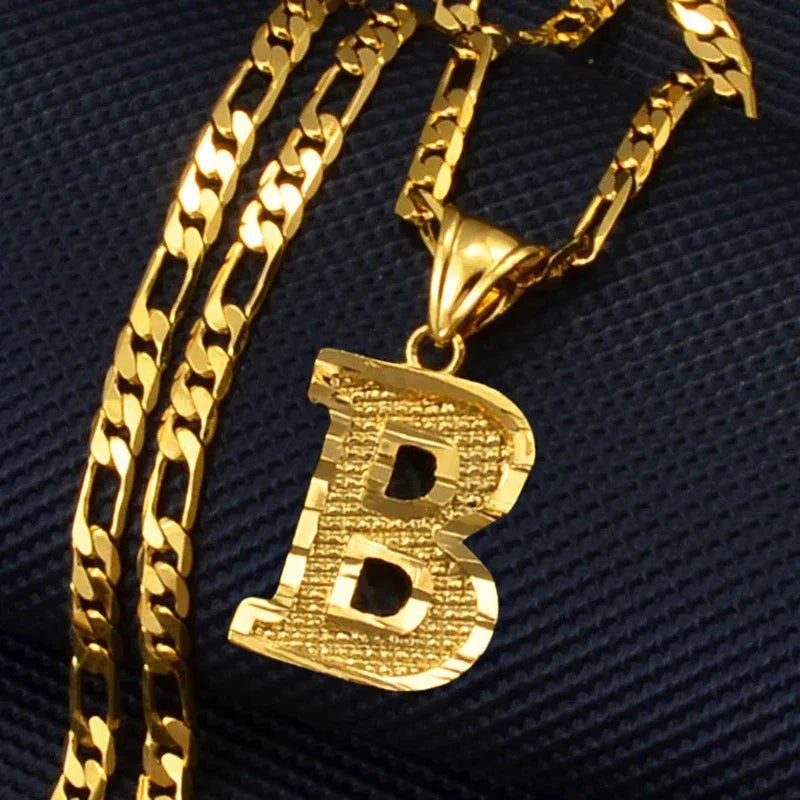 Gold plated initial alphabet pendant necklace with Figaro chain, suitable for women, men, and girls.