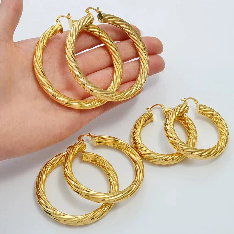 Gold & Silver Plated African Ethiopians Big Earrings 1 Pair of 5CM 6CM 7CM 8CM Women Large Round Brass Twisted Earring