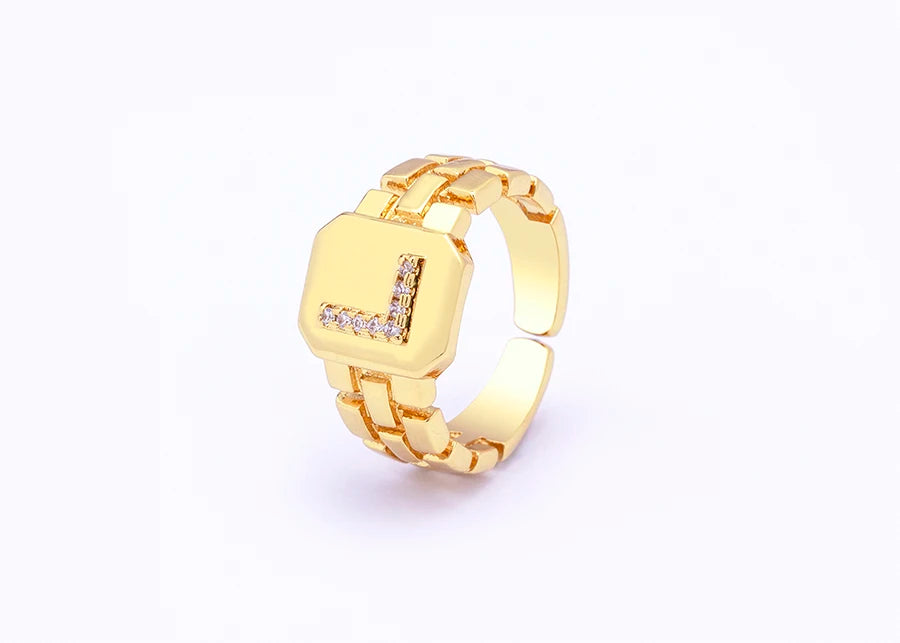 Gold Color Initial Ring Adjustable A-Z Letters Zircon Rings For Women