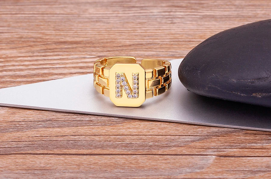 Gold Color Initial Ring Adjustable A-Z Letters Zircon Rings For Women