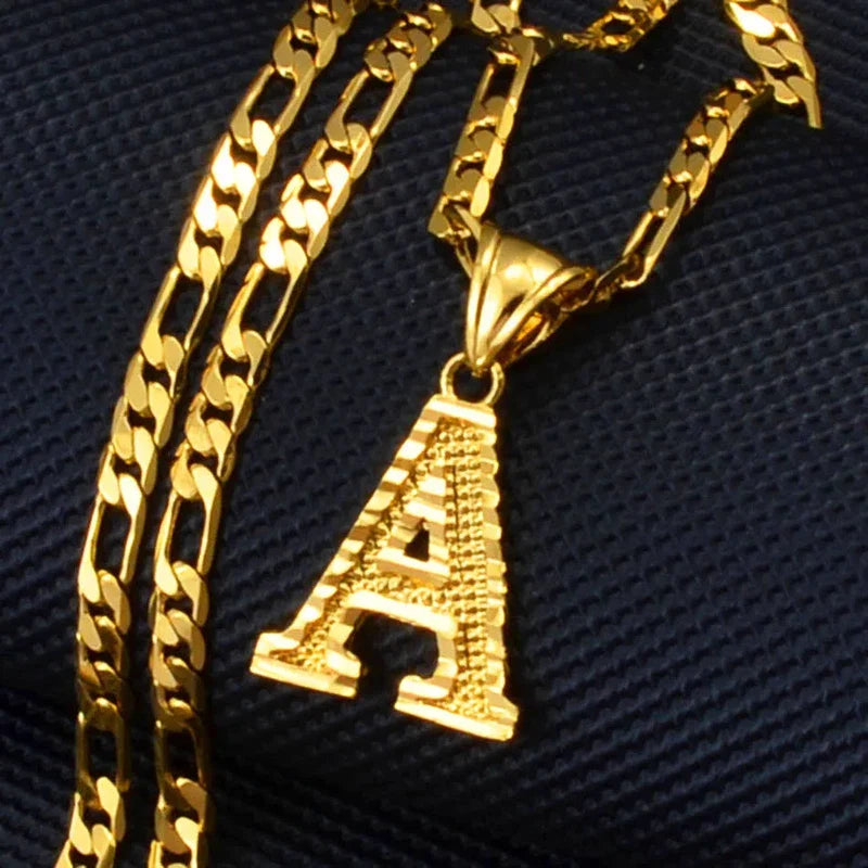 Gold plated initial alphabet pendant necklace with Figaro chain for unisex fashion.