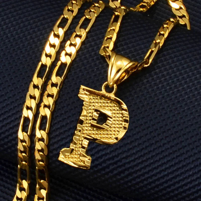 Gold plated Figaro chain with initial pendant for women, men, and girls, featuring English alphabet letters.