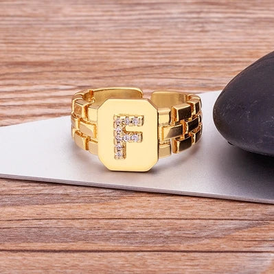 Gold Color Initial Ring Adjustable A-Z Letters Zircon Rings For Women