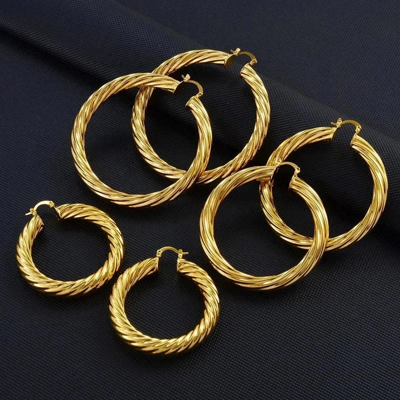 Gold & Silver Plated African Ethiopians Big Earrings 1 Pair of 5CM 6CM 7CM 8CM Women Large Round Brass Twisted Earring