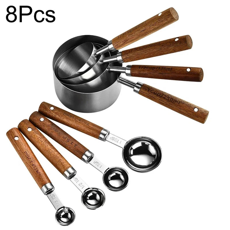 8-piece stainless steel measuring cup and spoon set with wooden handles for baking and bartending, featuring black scale accessories.