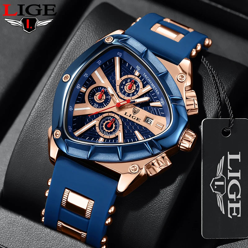 LIGE Fashion Men Watch Triangle Chronograph Military Wristwatch Sport Army Watches Luxury Waterproof Quartz Clock