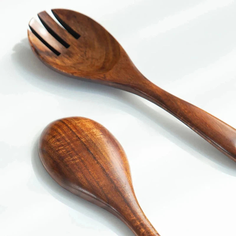 Japanese style wooden spoon and fork with long handles, eco-friendly serving cutlery set, ideal for salads.