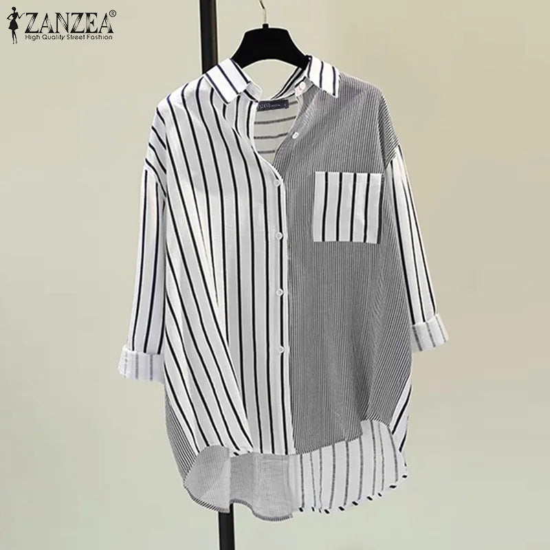 ZANZEA Women Blouse Lapel Neck Long Sleeve Striped, Spring Patchwork Tops, Stylish Casual Buttons Down Shirt Loose Blouse