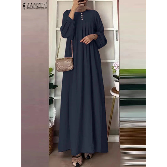 Abaya, Long Dress, Maxi for Muslim Women ZANZEA Vintage Autumn Sundress Fashion Long Lantern Sleeve Solid Maxi Dress Robe