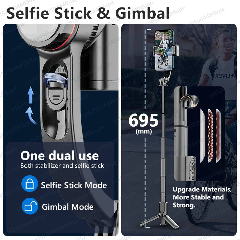 Selfie stick tripod with fill light and gimbal stabilizer, Bluetooth remote, extendable to 695mm, compatible with Samsung, Xiaomi, iPhone smartphones.