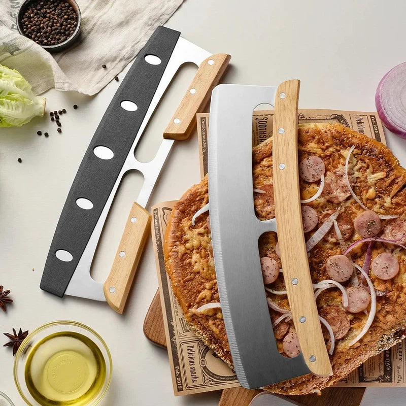 14-inch stainless steel pizza cutter with wooden handles, rocker blade knife for slicing pizza, shown with protective cover.