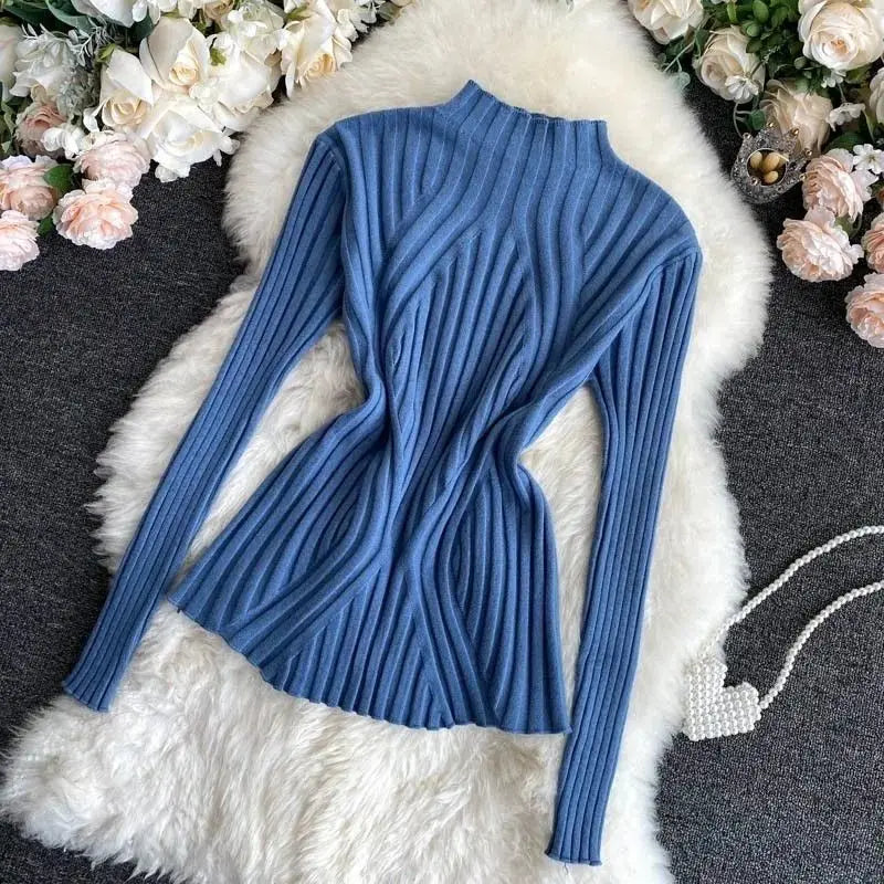 Women Pullover Knitted Sweater Half Turtleneck Jumper Sweater Autumn Winter Solid Slim Chic Streetwear Long Sleeve