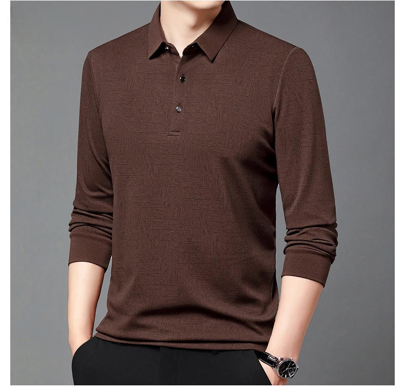 Men's Polo Shirt Hollow Printing Lapel Long-sleeved Business Fashion Male T-Shirt Golf Bottoming Shirt Top