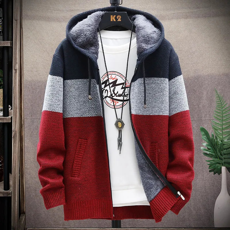 Cardigan Sweater Men Autumn Winter Fleece Zipper Sweaters Velvet Contrast Striped Sweater Coats Casual Jackets