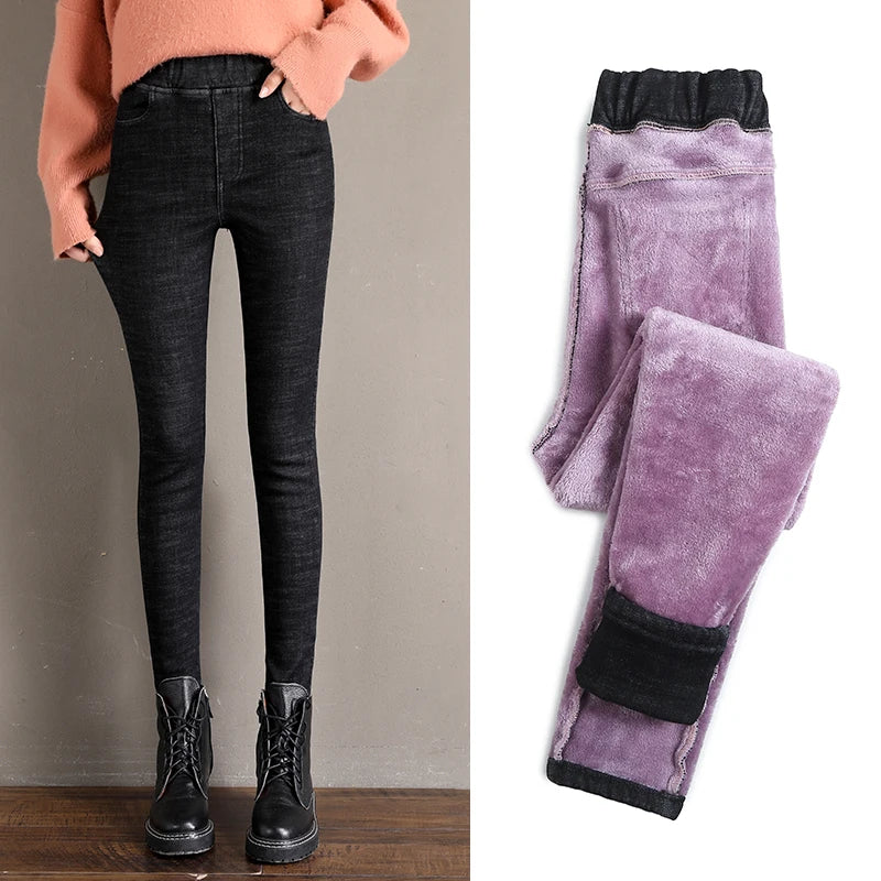 Women Jean Casual Thick Thermal  Winter New Skinny Stretch waist Jeans Fleece Pencil Pants Plush Warm Trousers