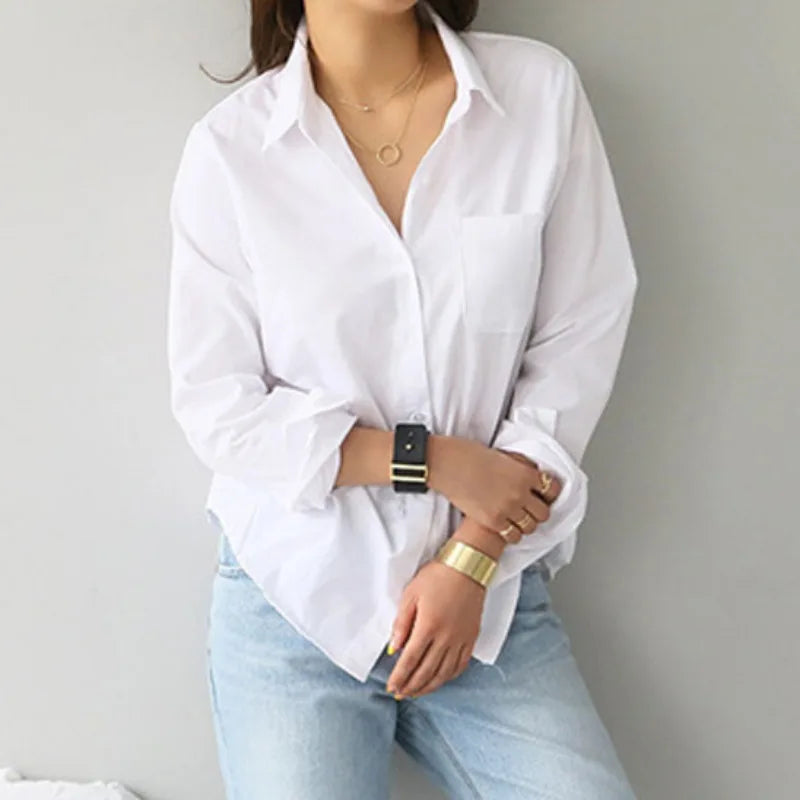 Women Top Cotton Blouse Casual, Cotton White Shirt Women Long Sleeve Button Up Loose