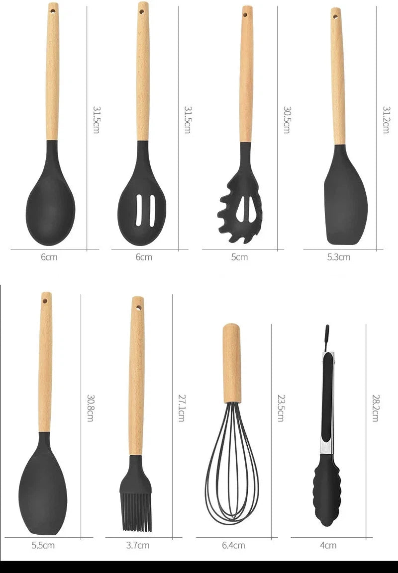 12-piece non-stick silicone kitchen utensil set with wooden handles, including spatula, shovel, egg beaters, and more.