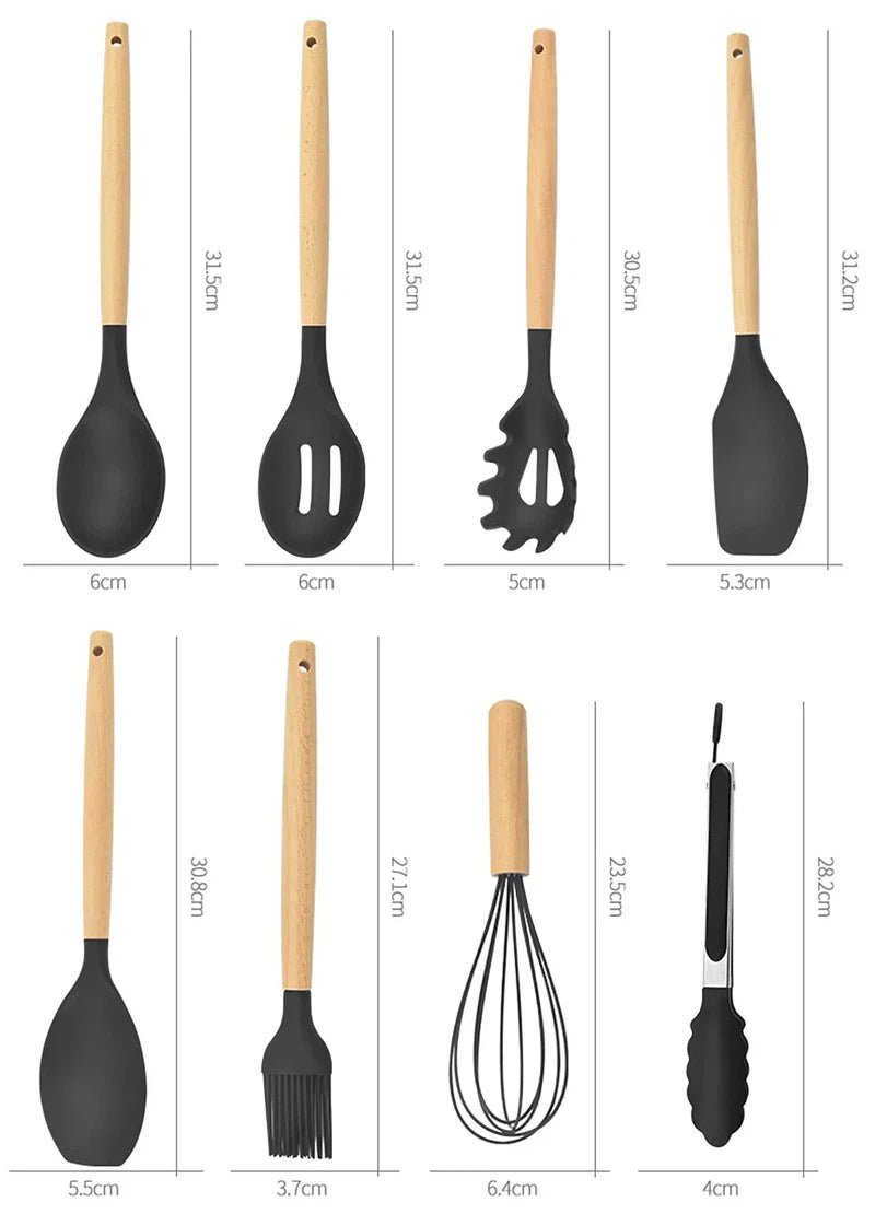 12-piece silicone kitchen utensils set with wooden handles, high temperature resistant and non-stick.