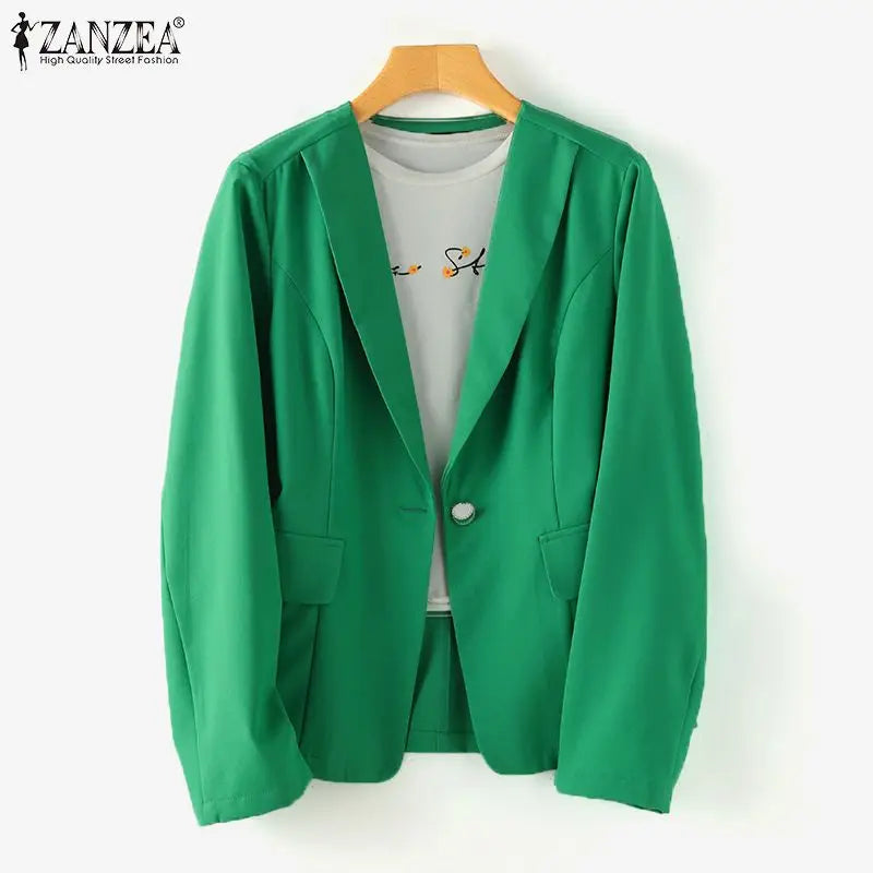 Women Blazer by ZANZEA Women Elegant OL Jackets Casual Slim Outwear Solid Lapel Neck Long Sleeve Work Thin Coats