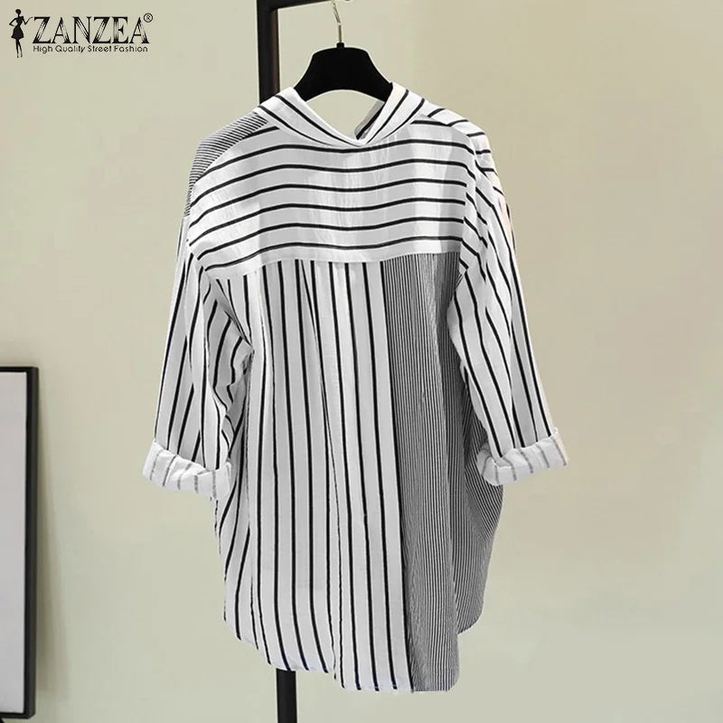 ZANZEA Women Blouse Lapel Neck Long Sleeve Striped, Spring Patchwork Tops, Stylish Casual Buttons Down Shirt Loose Blouse