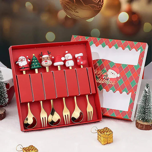 Christmas Gift Set of 2 or 4 or 6 Pieces Gold Spoon Fork Tree Decoration Fruit Fork and Coffee Spoon elk designs