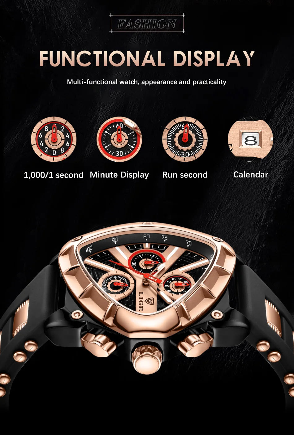 LIGE Fashion Men Watch Triangle Chronograph Military Wristwatch Sport Army Watches Luxury Waterproof Quartz Clock