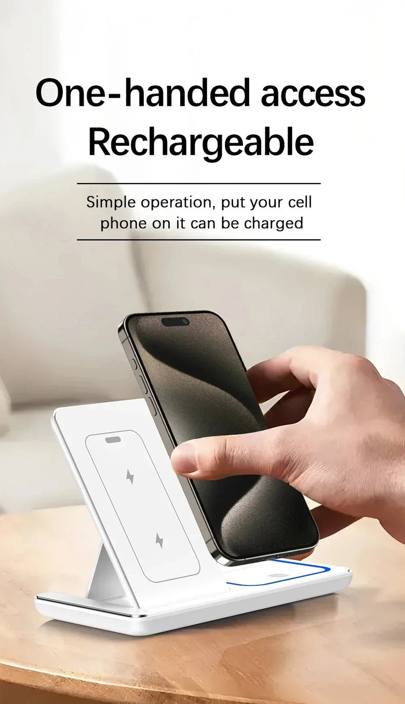 30W magnetic wireless charger stand for iPhone and Apple Watch, white, one-handed access.