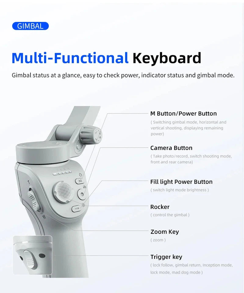 Multi-functional keyboard on 3-axis gimbal stabilizer with power, camera, and zoom controls.