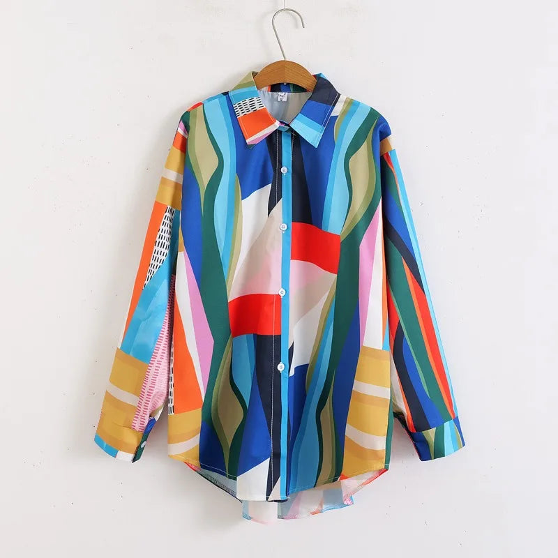 Colorful geometric print blouse with turn-down collar and full sleeves, perfect for casual summer streetwear.